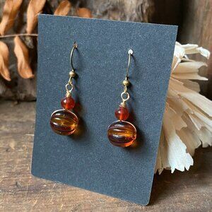 Cognac Amber Beaded Drop Earrings with Gold-tone wire